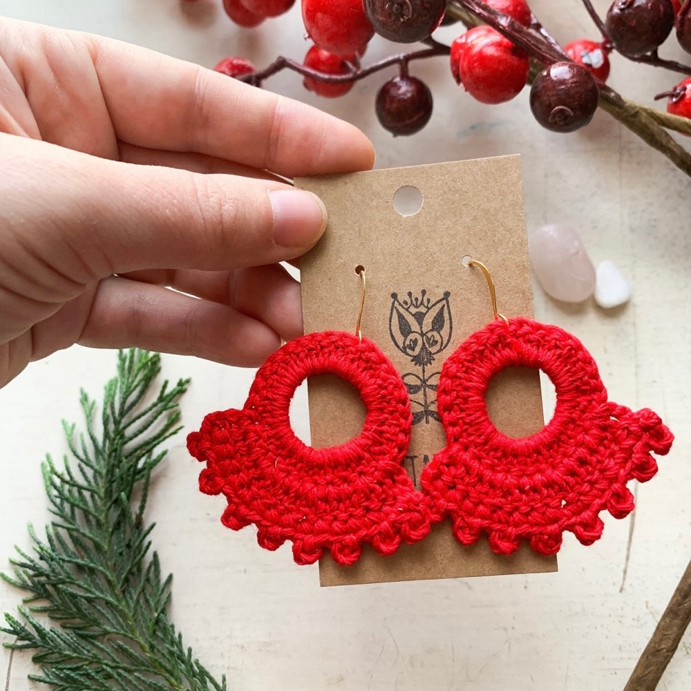 New Bright Red Vintage Cotton Crocheted Earrings